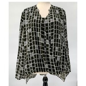 Alfani Blouse Women 22W Olive Green Plaid Faux Wrap High Low Excellent